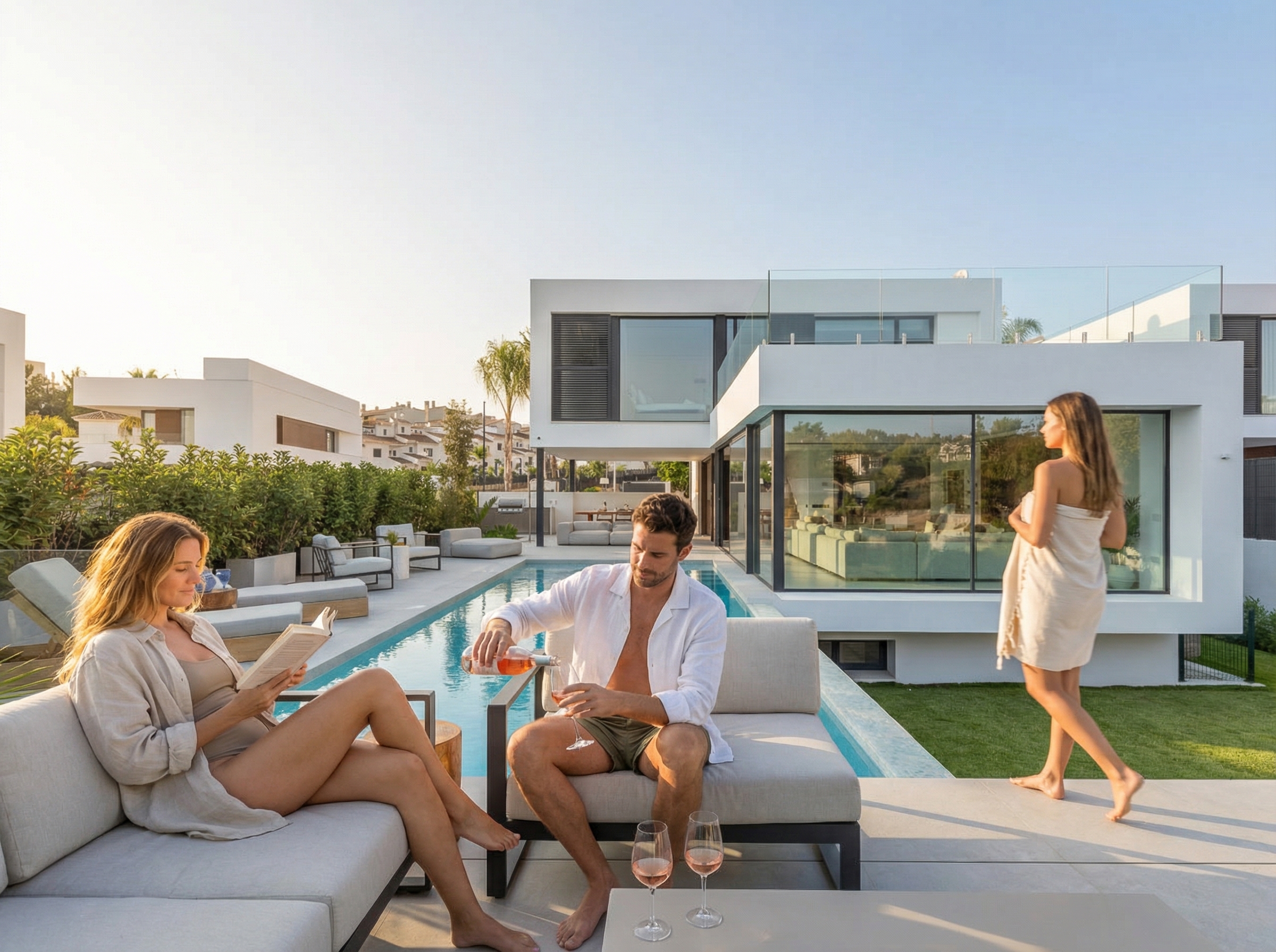 Couple lounging by the pool, golden hour